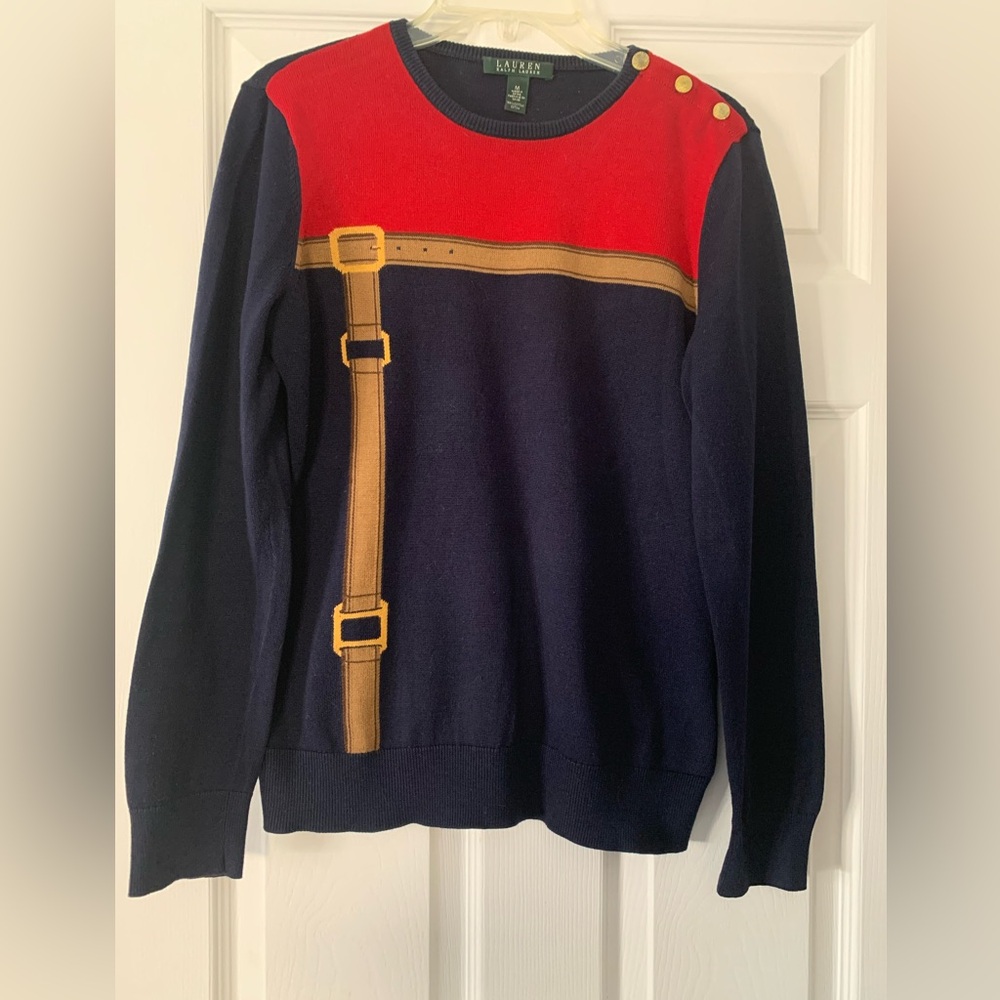 Lauren Ralph Lauren Womens Red Blue Belt Design Sweater Gold Button Size Medium